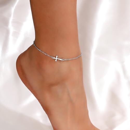 Image of NONAMOIS Ankle Bracelets for Women Dainty 18K Gold Plated Anklet Waterproof Round Beaded Paperclip Herringbone Pearl Chain Anklets Waterproof Beach Foot Jewelry