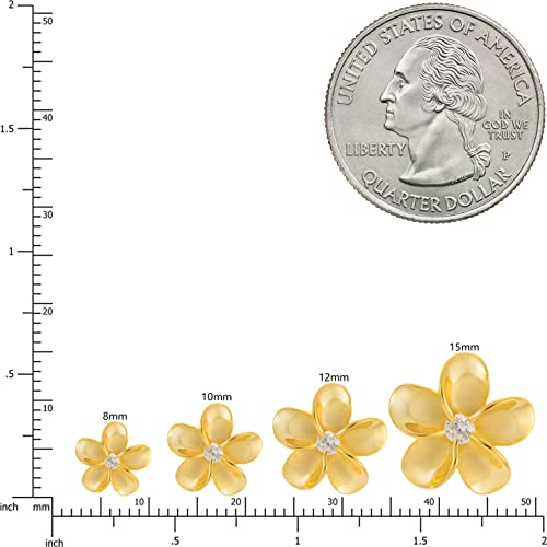 925 Sterling Silver 14K Gold Plated Hawaiian Plumeria Flower Stud Post Earrings with Cubic Zirconia 8mm 10mm 12mm 15mm Nickel Free Hypoallergenic for Sensitive Skin Gift Box Included3