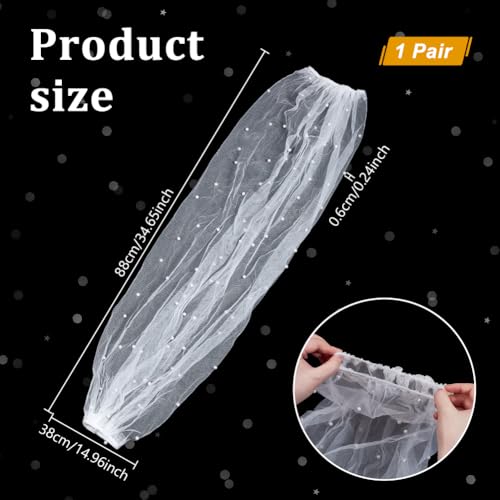 AHANDMAKER 1 Pair Long Wedding Tulle Gloves, White Pearl Arm Sleeves Removable Mesh Puff Sleeve Fingerless Glove for Women Wedding Dress Prom Opera Theme Party2