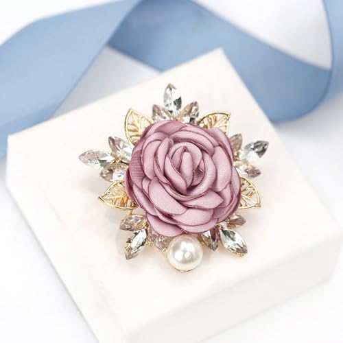 Image of Rose Flower Brooch for Women Large Flower Brooch Elegant Pearl Brooches Handmade Crystal Pearl Pins Fabric Floral Lapel Pin Christmas Valentine's Day Dress Suit Accessories