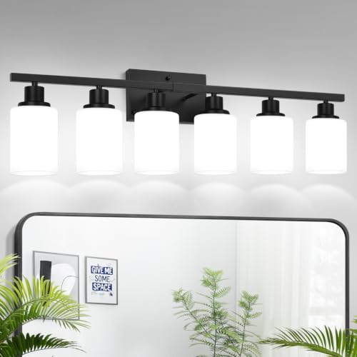 Image of MOKATNG 6-Light Bathroom Light Fixtures, Vanity Light with Milky White Shades, Matte Black Bathroom Light Fixtures Over Mirror, Modern Bathroom Wall Lamp for Mirror Living Room Cabinet Bedroom