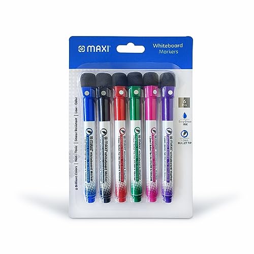 Maxi Slim Magnetic Whiteboard Marker with Eraser 1-2mm 6pc (Blue Black Red Green Pink and Purple) Magnetic Color Pens for Whiteboard. or Home Office and School