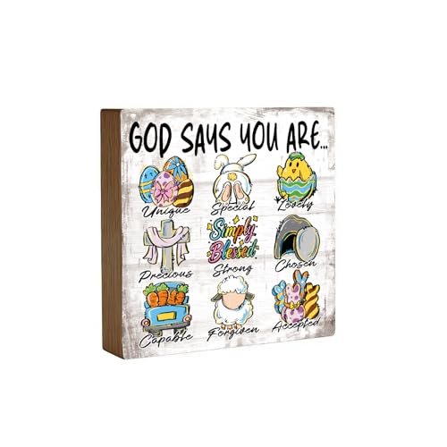 Christian Easter Decorations - Religious Happy Easter Jesus Wooden Wood Signs Sign for Bathroom Table Home Party Indoor Office Classroom Kitchen Supply Decor Gifts 5×5 Inch