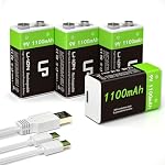 LP 9V Batteries rechargeables au lithium-ion 4-Pack 1100mAh, USB-C Charger 2-in-1 Câble, batterie longue durée pour alarmes de fumée, talkies Walkie, contrôleurs de jeu, micros et lampes de poche