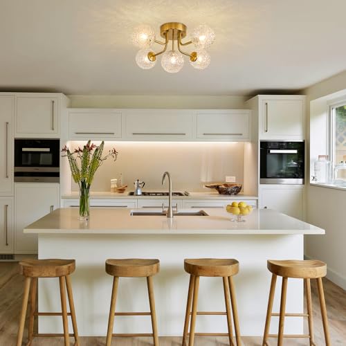 Image of Sputnik Semi Flush Mount Ceiling Light Mid Century Modern Gold Ceiling Light 5 Lights Clear Glass Globe Chandelier for Bedroom Kitchen Entryway Closet