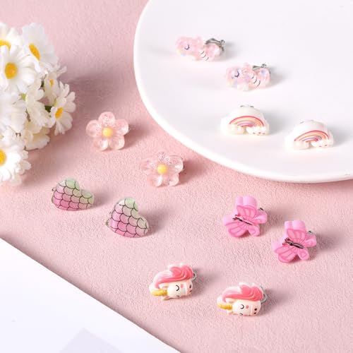 6 Pairs Clip on Earrings for Girls with 12pcs Ear Pads, Butterfly Rainbow Flower Unicorn Clip on Earrings Non Pierced Earrings Kids Earrings Girls Dress up Jewelry Gifts3