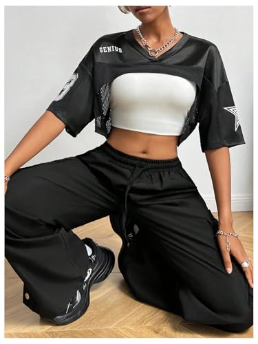 MakeMeChic Cropped Jersey for Women Half Sleeve Y2k Crop Tops Shrugs V Neck Graphic Tee2