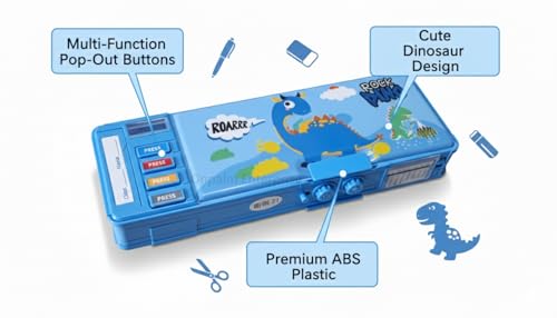 Image of Kids Dinosaur Pencil Box with Multi-Function Pop-Out Buttons | Dual Storage, Built-in Sharpener, Writing Pad, Password Lock | Premium ABS Plastic Pencil Case for Boys & Girls