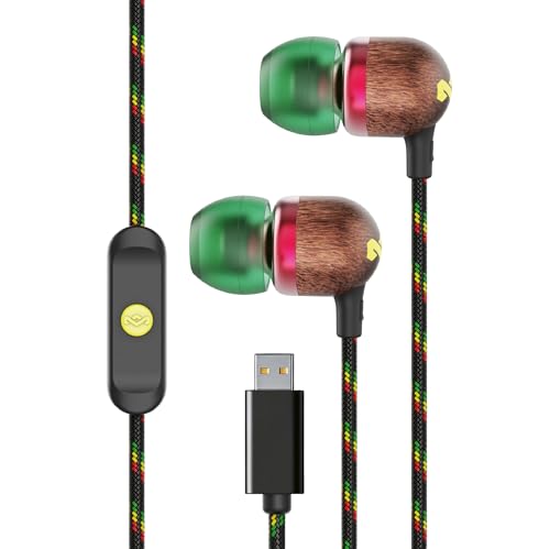 Marley House of Smile Jamaica USB-C Kopfhörer kabelgebunden mit 9,2-mm-Treiber – Nachhaltige In-Ear-Kopfhörer mit Kabel, verwicklungsfrei, integriertes Mikrofon für Musik & Anrufe, Rasta