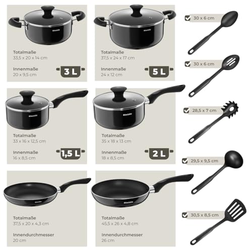 tectake® Küchenstarterset 6 Personen, Steingut Geschirr Set, Teller, 4 Töpfe 2 Pfannen rostfreies Aluminium, Kochtopf Set, Töpfe Set, kratzfest, leichte Reinigung, 5 Küchenwerkzeuge - schwarz, 45-tlg