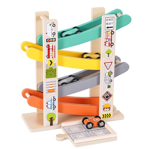 Wooden Car Tracks for Toddlers 1-3, Race Cars Ramp Track with 4 Mini Cars :D91110CG - image 1