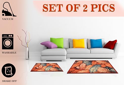 Image of Digital Printed Bathmat Set of 2 | Anti-Skid Mess Backing | Large & Small Combo | Water Absorbent, Quick Dry, Soft Floor Mat for Bathroom & Home Color - Floral Printed Orange and Grey