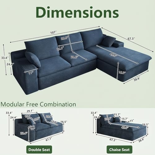 Image of 107 inch Cloud Couch Modular Sectional Sofa for Living Room, L-Shape Boneless Couch with Deep Seat, Modern Corduroy 3-Seater, No Assembly Required (Blue,Right-Facing Chaise)