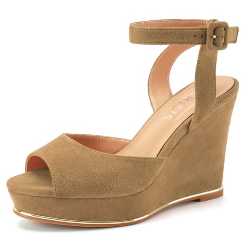Image of Women's Dressy Platform Wedge Sandals Gold Wedges Peep Toe Patent High Heels Slingback Heeled Comfortable Ankle Strap Shoes
