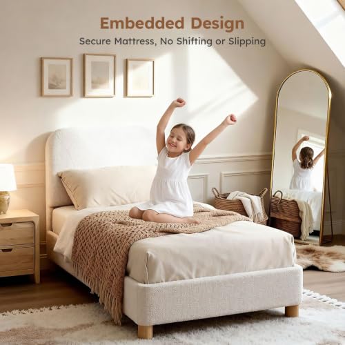 Image of Twin Size Cloud Platform Bed for Kids, Soft Boucle Toddler Bed Frame, Cream
