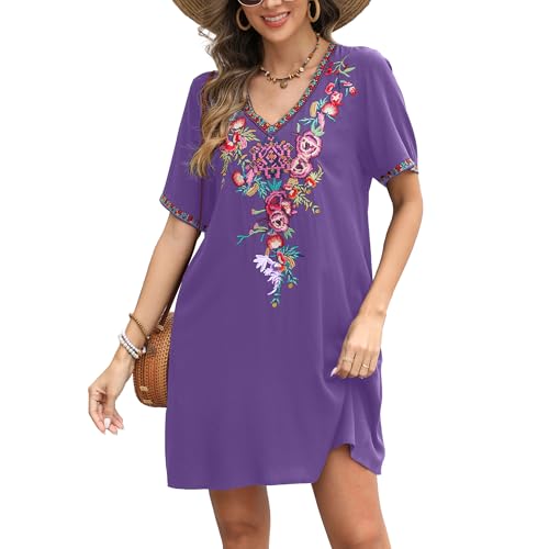 Image of Grosy Fiesta Embroidered Mexican Dress for Women Beach Vacation Plus Size Short Sleeve Summer Boho Dresses with Pocket