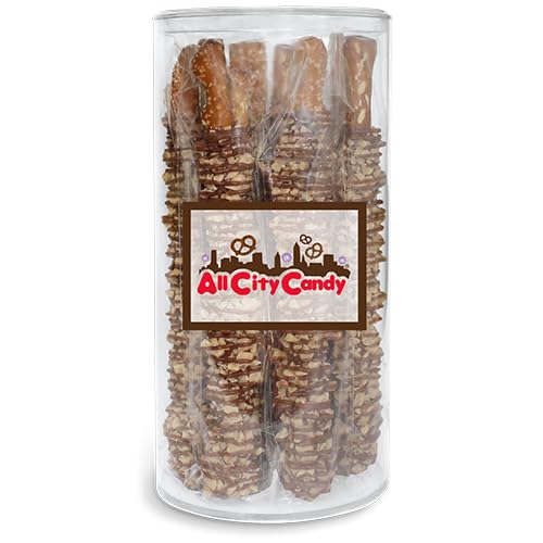 All City Candy Milk Chocolate Hand Dipped Pretzel Rods coated with Toffee Crunch bits, Individually Wrapped, 10 Count, Gift Canister, Ice Pack included if needed. Great for corporate gifting, events and candy displays.