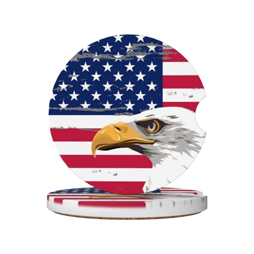 Image of American Flags Eagle Car Coasters for Cup Holder Absorbent Ceramic Cup Coaster 2 Pack Anti Slip Car Interior Accessories with Finger Notch Cork Base for Women Men 2.56 inch