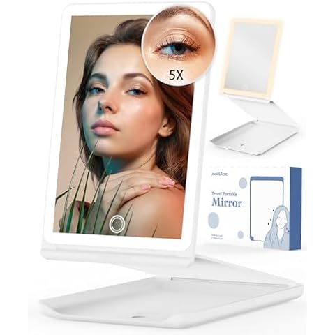 Jack & Rose Travel Mirror with Light, Travel Makeup Mirror with Magnification, Adjustable Height and Angle, Portable Folding Mirror Cover