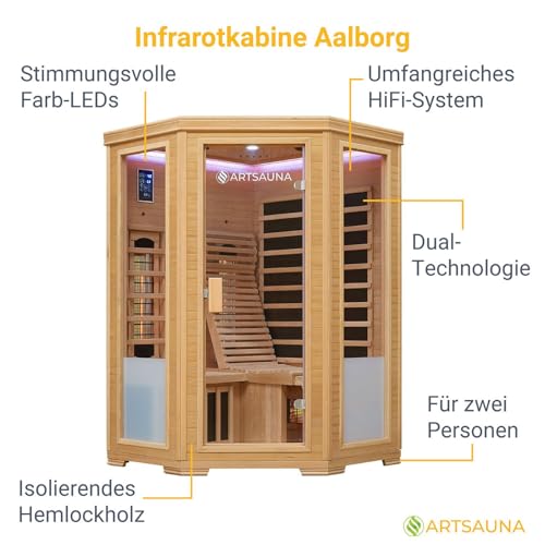 Artsauna Infrarotkabine Aalborg Dual- Technologie- 120x120x190 cm- 2 Personen- mit Relaxliege, Sitzbank, LED Farblicht & Glastür- Hemlock Holz Infrarotsauna-3
