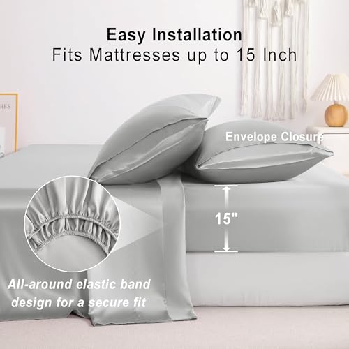 NTBAY Queen Satin Sheet Set, 4 Piece, Silver Grey - image 5