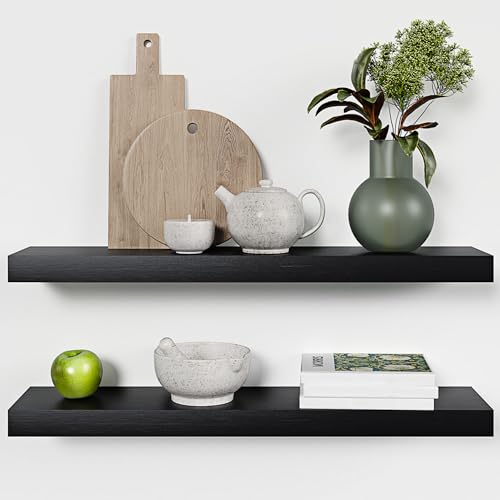 Estantes flotantes negros de 30 pulgadas de largo, madera maciza de alta calidad, estantes flotantes largos negros para sala de estar, soporte resistente, 30 x 6.5 x 1.75 pulgadas, juego de 2