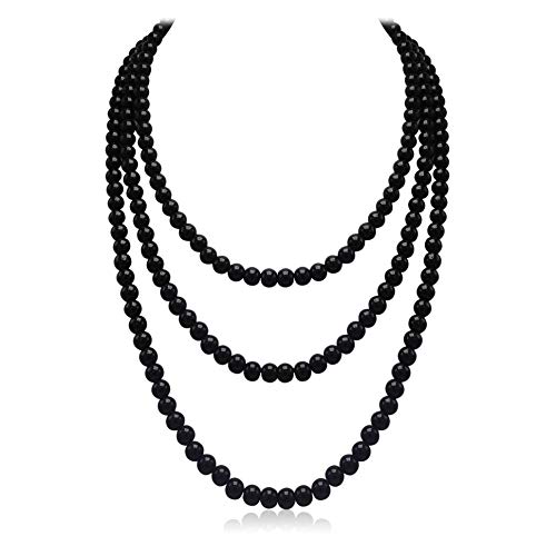 Black Long Pearl Necklace for Women Layered Faux Pearl Beads Strand Necklace Costume Jewelry, 69