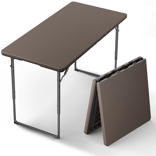 Image of Folding Table, 4FT Foldable Picnic Table with Adjustable Height, Heavy Duty Fold-in-Half Portable Table for Weddings, Camping, RV Travel, Parties, BBQs, and Indoor Use, Easy to Fold and Store, Brown