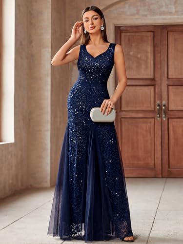 Image of Miusol Women's Elegant V Neck Sleeveless Sequin Lace Evening Party Dress