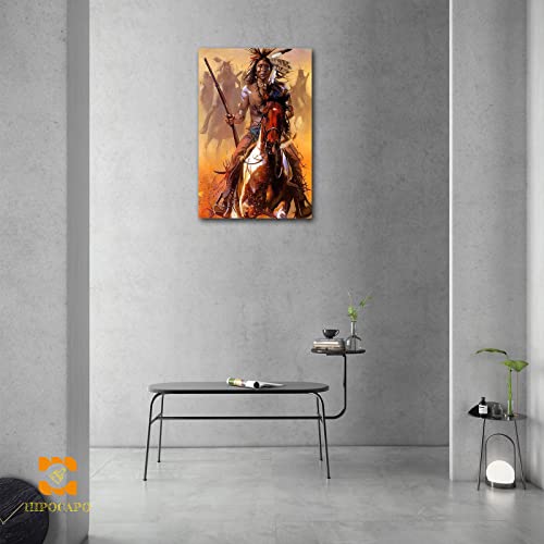 Native American Wall Art Print, Native American Decor Native American Indian Chief And Fighting On Horseback Artwook For Home Decorations, Posters For Man Cave Framed Ready To Hang 12”X18”X1Pcs #TOP19