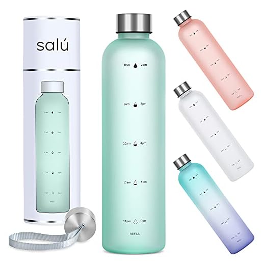 Salú 32 oz TRITAN/BPA-Free Water Bottle w/Time Marker, Mint, Motivational Measurements w/Time & Volume, Frosted Plastic, EXTRA Lid for Gym, Sports, Travel, Fitness, or Work
