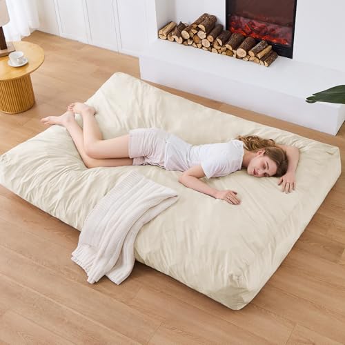 Bean Bag Chairs for Adults - Giant Bean Bag Chair Convertible Bean Bag Bed - Beanbag Chair with Micro Fiber Cover/Furniture Foam Filler - Floor Couch Sofa in Bedroom Dorm Room - Queen Beige