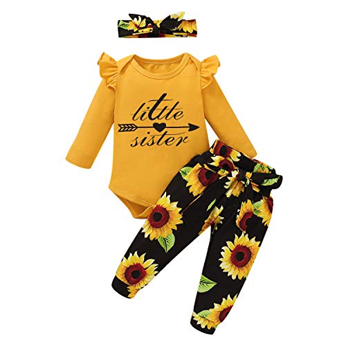 Newborn Baby Girls Long Sleeve Ruffle Romper Bodysuit Floral Pants +Headband 3Pcs Infant Autumn Outfits Set (A Little Sister, 3-6 Months)