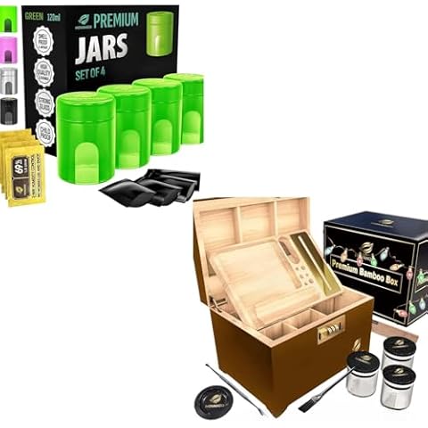 HOVANZO Large Bamboo Box & Airtight Glass Storage Jars - Locking Storage Decorative Box with Combination Lock - Storage Box Wooden Locking Storage Box with Rolling Tray - Storage Wood Box Cover