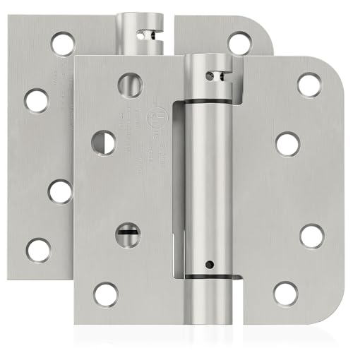 JOYNY 2 Pack Self Closing Door Hinges, 4 Inch Spring Loaded Door Hinges for Garage, Front, Back Door, Left/Right Hand, Adjustable Tension, 5/8'' Radius Corners, UL Listed, Brushed Nickel