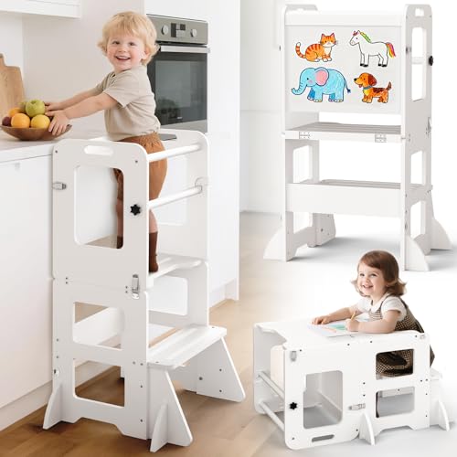 Image of Woodure 4-in-1 Toddler Kitchen Step Stool, Learning Standing Tower with Whiteboard, Wooden Kitchen Stool Helper for Kids, 1-3 Year Old Boy Girl Gifts-White