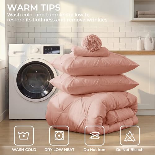 Image of Sasttie Twin Comforter Set, 5-Piece Bed in a Bag, Pintuck Bedding Sets for All Season, Includes Comforter, Flat Sheet, Fitted Sheet, Pillowcase and Pillowsham, Blush