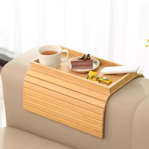 Oungy Plateau de canapé en bambou pour accoudoir Flexible Plateau de canapé en bambou Porte-boissons pliable Plateau de canapé pour collations, téléphone portable,...