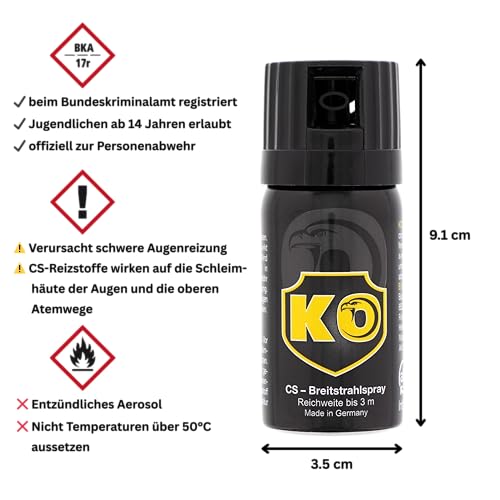 KO Security CS-Spray 40 ml – Breitstrahl Personenabwehrspray mit BKA-Zulassung - modernes Design - kompakt und diskret
