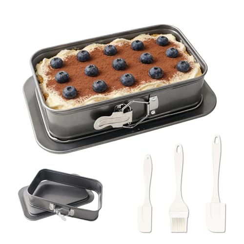 BTIUGYI Backform Rechteckig Springform Eckig Set Antihaft Kuchenform Kleine Backformen mit Servierboden & 3 Silikon Teigschaber für Käsekuchen Tiramisu und Heimbacken