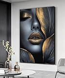 LguenioGa abstract woman portrait Posters and Prints, Gold leaves Canvas Painting, gold lips Canvas Wall Art, home decor Mural(70x100cm（28x39inch)/Frameless