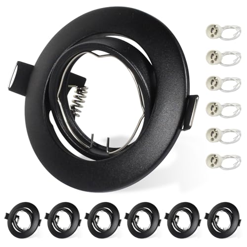 Allesgute 6X GU10 Downlights for Ceiling Round Matte Black Mounting Frame for Recessed Ceiling Lights 360° Tilt Swivel Spotlight Fittings with GU10 Lampholder, Cutout: 68-85mm, No Bulbs