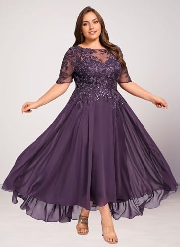 GATMAHE Tea Length Mother of The Bride Dresses Short Sleeve Lace Applique High Low Mother of The Groom Dresses4