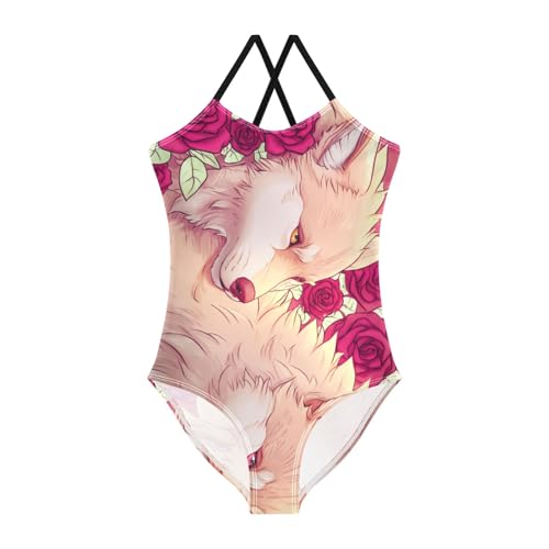 Wolf Roses Swimsuit for Girls One Piece, Quick Dry Crossback Toddler Swim Suit for Beach 3T