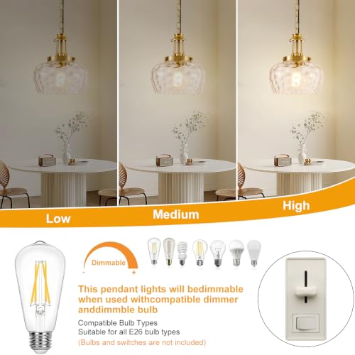 Image of Plug in Pendant Lights Kitchen Island, Modern Brushed Gold Pendant Light Fixtures with 10 inch Clear Hammered Glass Shade, Industrial Hanging Pendant Lights Fixture for Kitchen Island Dining Room Entryway