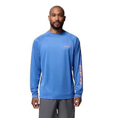Columbia Men's PFG Terminal Tackle Long Sleeve Fishing Shirt, Vivid Blue Heather/Bright Nectar Logo, X-Small