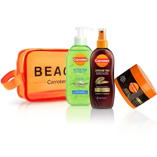 Carroten Set de bronceado intensivo de 150 ml, aceite bronceador intenso de 150 ml y gel refrescante para después del sol de 200 ml, para bronceado rápido, incluye práctico neceser