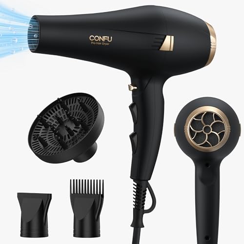 Image of CONFU Hair Dryer Professional Hairdryer - Ionic Blow Dryer 5X Fast Drying | 1875 watt AC motor, 3 heat 2 speed 1 cold button, Blowdryers with comb, diffuser for long thick, curly hair, Low noise, Salon