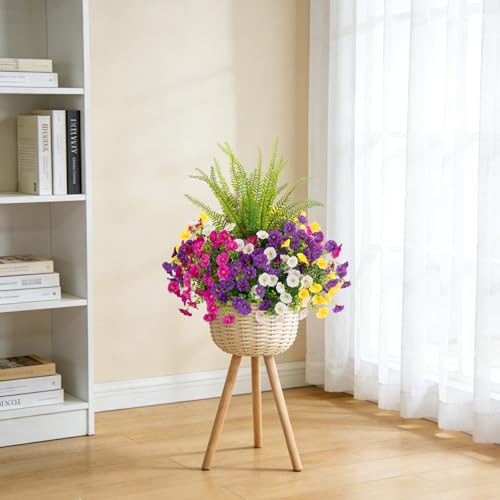 Image of Artificial Flowers Fake Plants for Outdoors Decoration, 12 Bundles Silk Morning Glory with Boston Fern Realistic UV Resistant Faux Flowers for Outside Planter Yard Patio Garden Home Indoor Urn
