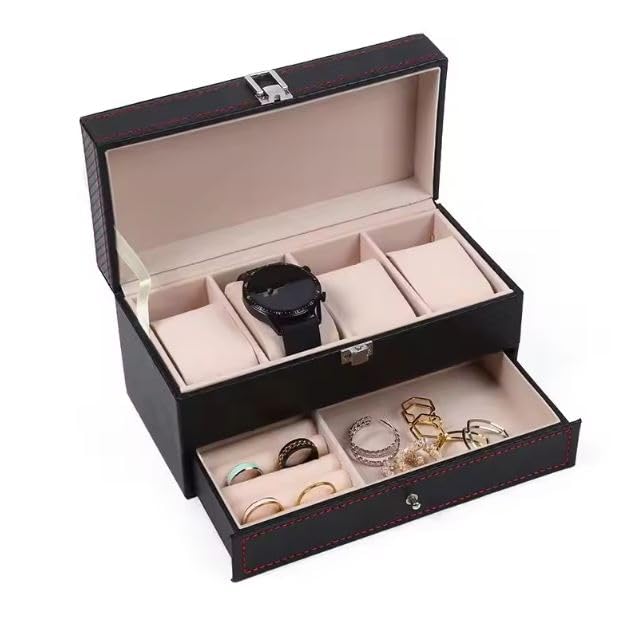 Prakal 2-Tier Watch Box, 4 Slot Watch Case Watch Box Organizer with Jewelry Drawer Removable Watch Pillow for Men Women (PK-02) (B0DDY52HQ8) Amazon Price History, Amazon Price Tracker
